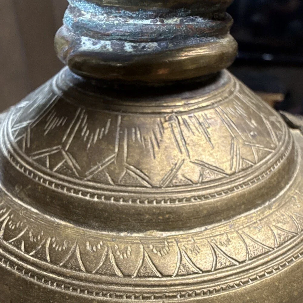 Antique Indo-Persian Engraved Brass Lidded Vessel or Water Ewer